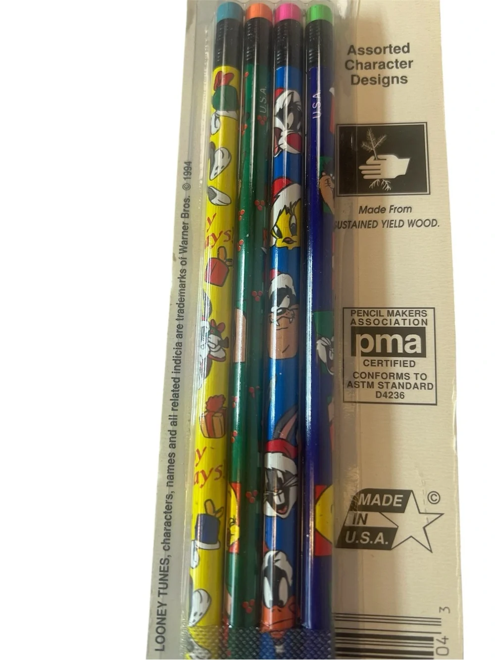Vintage 1990’s Looney Tunes 4 Christmas Multicolor Pencils. New with Tags